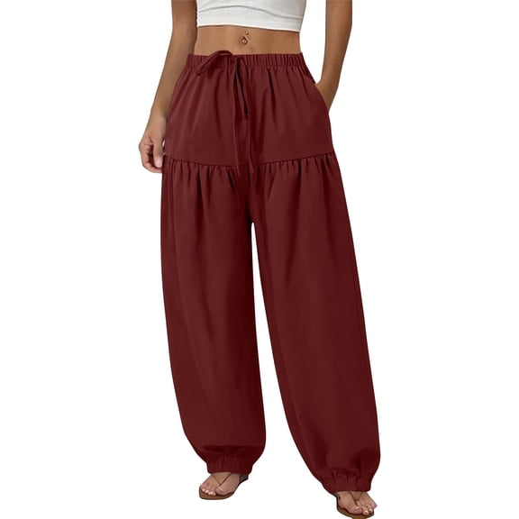 Ahabrexf Elastic Waist Pants for Women Olive Green Jogger Pants with Pockets and Drawstring Full Length