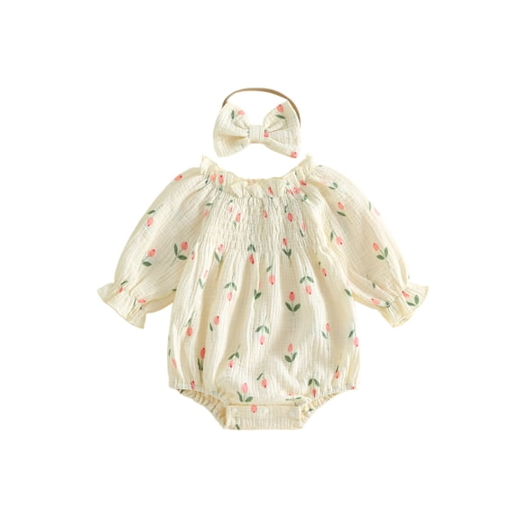 RUINIXCW Baby Girl Tulip Print Romper Long Sleeve Smocked Bust Bodysuit Headband