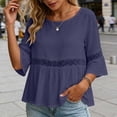 thumbnail image 6 of thefmos Women Summer Round Neck 3/4 Sleeve Lace Trim Flowy Boho Casual Pullover Tops Dressy Casual Loose Blouses Fall Shirts Clothes, Blue L, 6 of 8