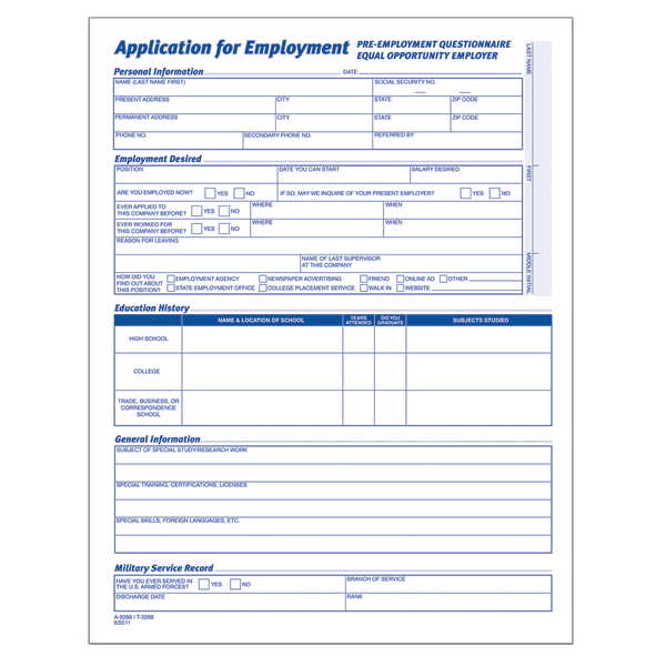 Adams® Application For Employment, 8 1/2" x 11", Pack Of 25