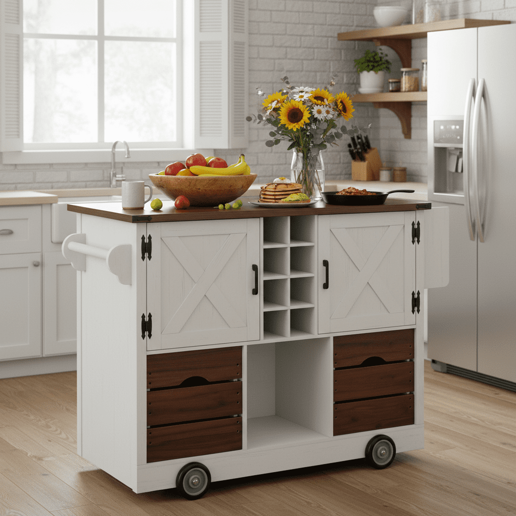 Homy Casa Rolling Kitchen Island Cart with Drop Leaf, Wine Storage, Drawers and Cabinets
