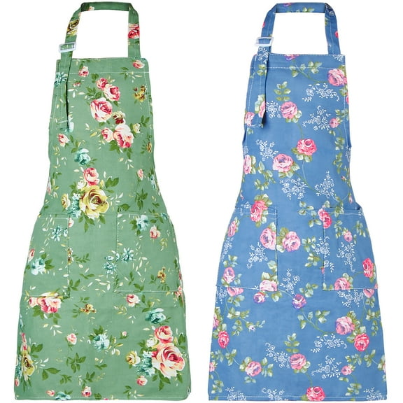 ABCPOW 2 Pack Floral Aprons with 2 Pockets,Adjustable Kitchen Cooking Aprons for Women Vintage Cute Rose Pattern Apron Chef Bakers Apron for Baking Gardening Apron Gift for Mom Wife Sister Grandma