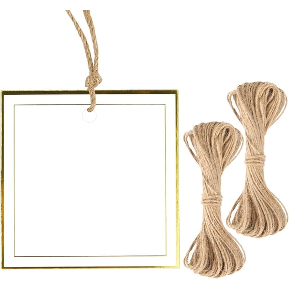 Gold Gift Tags with String, Metallic Gold Foil Gift Tags, Large Blank White Square Paper Hanging Label Tag for Present Wrapping, Wedding, Birthday, Christmas Party Favors