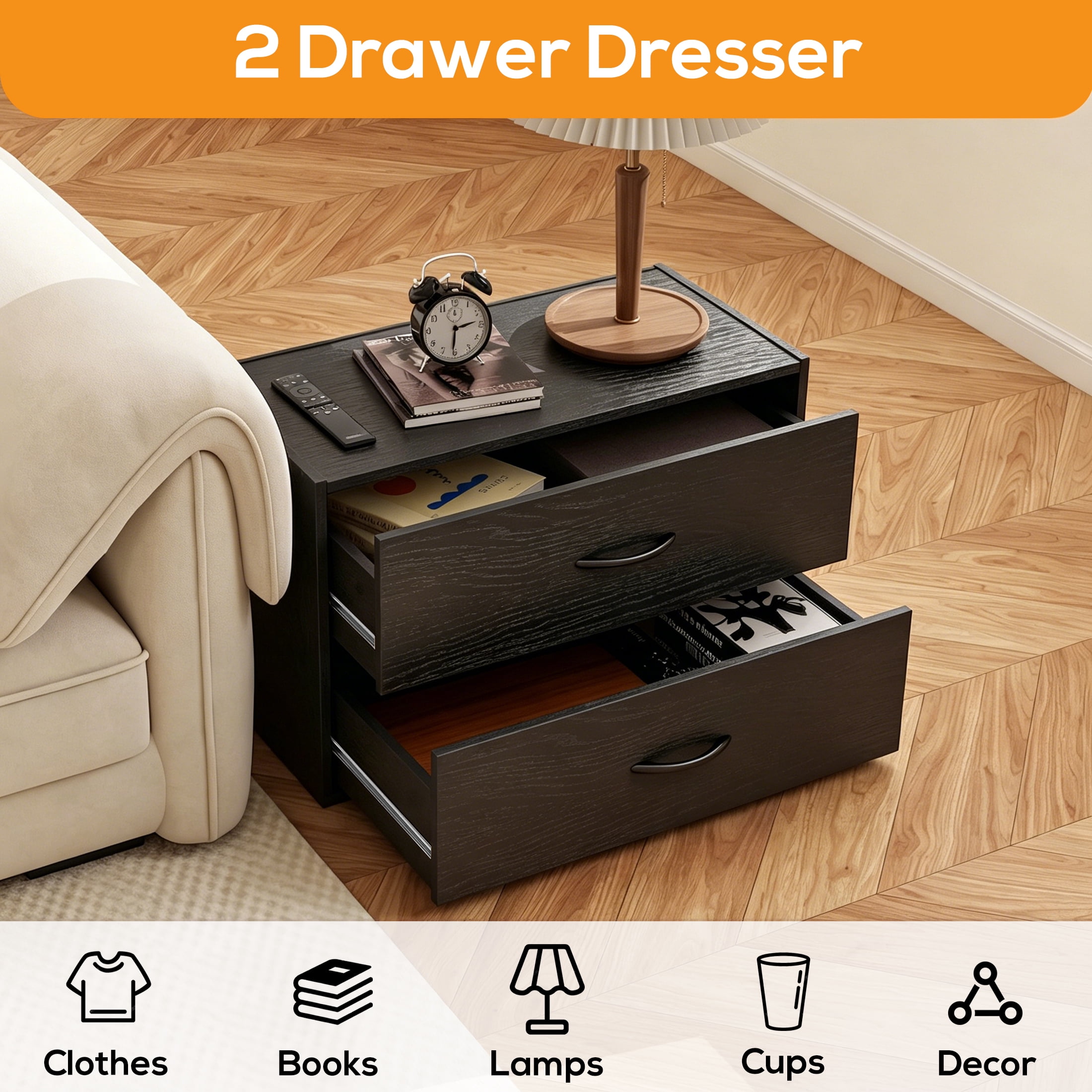 Prilinex 2 Drawer Dresser for Bedroom Set of 4, Stackable Storage Drawers Closet Organizers and Storage, Modern Wood Dressers with Anti-Tip for Bedroom, Living Room, Black