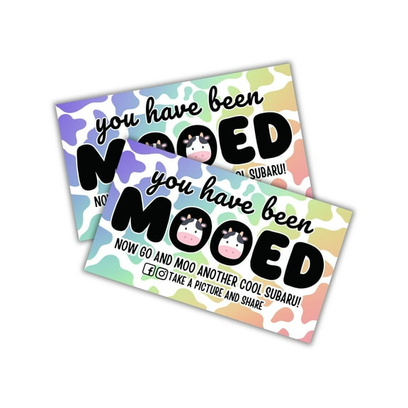 Moo Moo Sub Car Cow Duck Tags  50 pk 2x3.5 Cards Rainbow Game Youve Been Mooed Duck Duck SUV for Sub Aru Car Moobaru Rubber