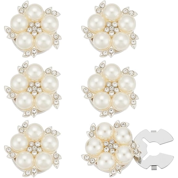 6pcs Silver Flower Pearl Button Covers Imitation Pearl Rhinestone Cufflinks Alloy Embellishments Buttons Decoration Flower Cuff Links for Women Clothing Decorative Wedding Craft Accessory