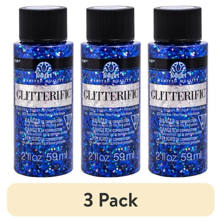 (3 pack) FolkArt Glitterific Acrylic Craft Paint, Glitter Finish, Dark Blue, 2 fl oz