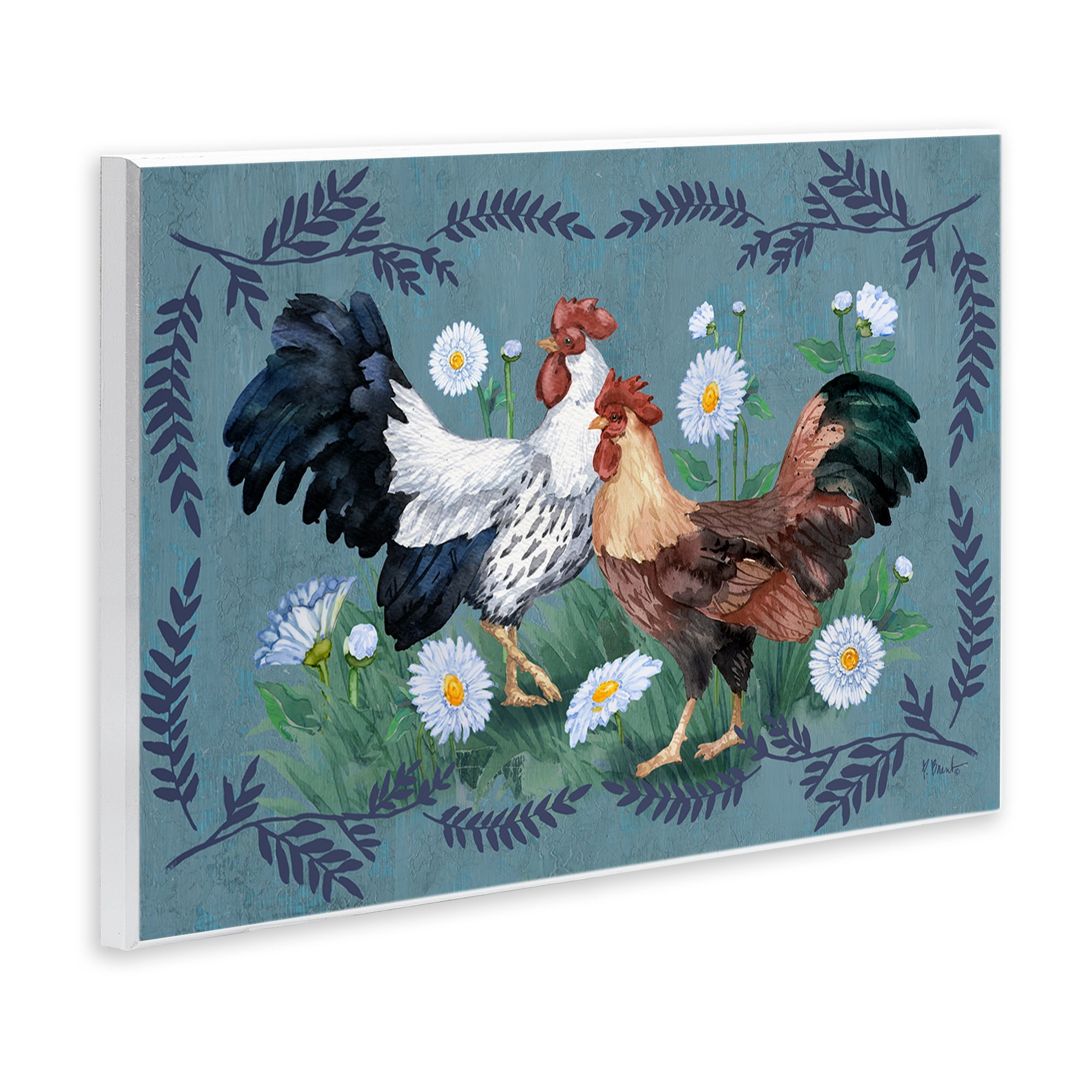 Stupell Industries Roosters with Fern Trim Animals & Insects Painting Unframed Art Print Wall Art, 15 x 10