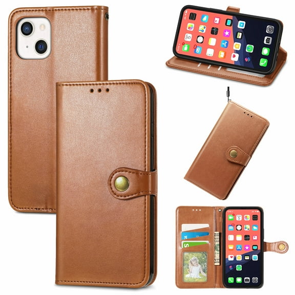 Wallet Case for iPhone 15 Plus Magnetic Clasp Folio Kickstand Premium Leather Case with Hand Strap, [RFID Blocking] Credit Card Slots Shockproof TPU Inner Cover For iPhone 15 Plus, Brown
