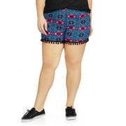 Juniors' Plus Printed Challis Short With Pom Pom Trim
