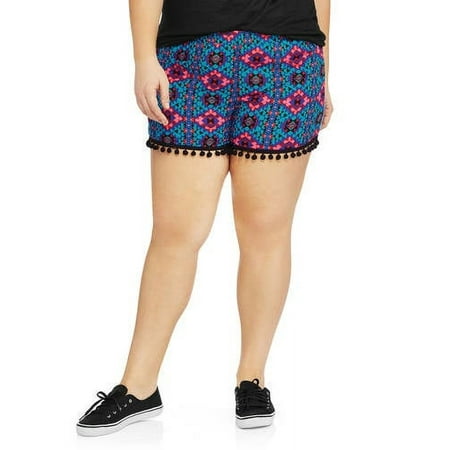 Juniors' Plus Printed Challis Short With Pom Pom Trim