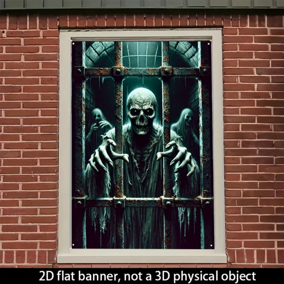 1 PC, 2D Flat/ window banner, zombie design pattern in a cage, 31.5x 47.2 inches (80x120cm), fashionable 2D pattern, autumn gratitude for the dead Halloween window banner, home kitchen window outdoor