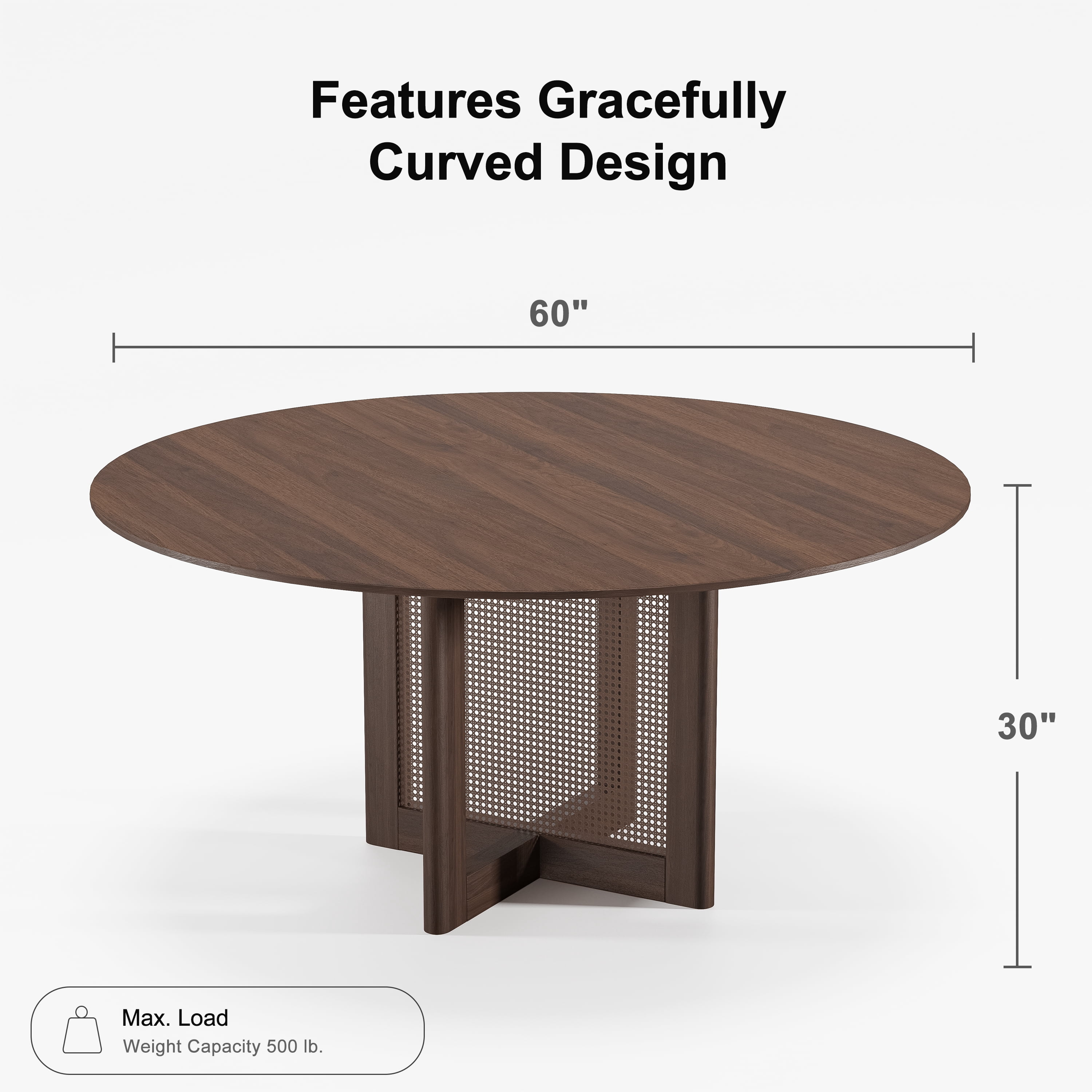 MAYEERTY 60*60*30" Modern Rattan Cross-Leg Round Walnut Dining Table, Spacious for 8