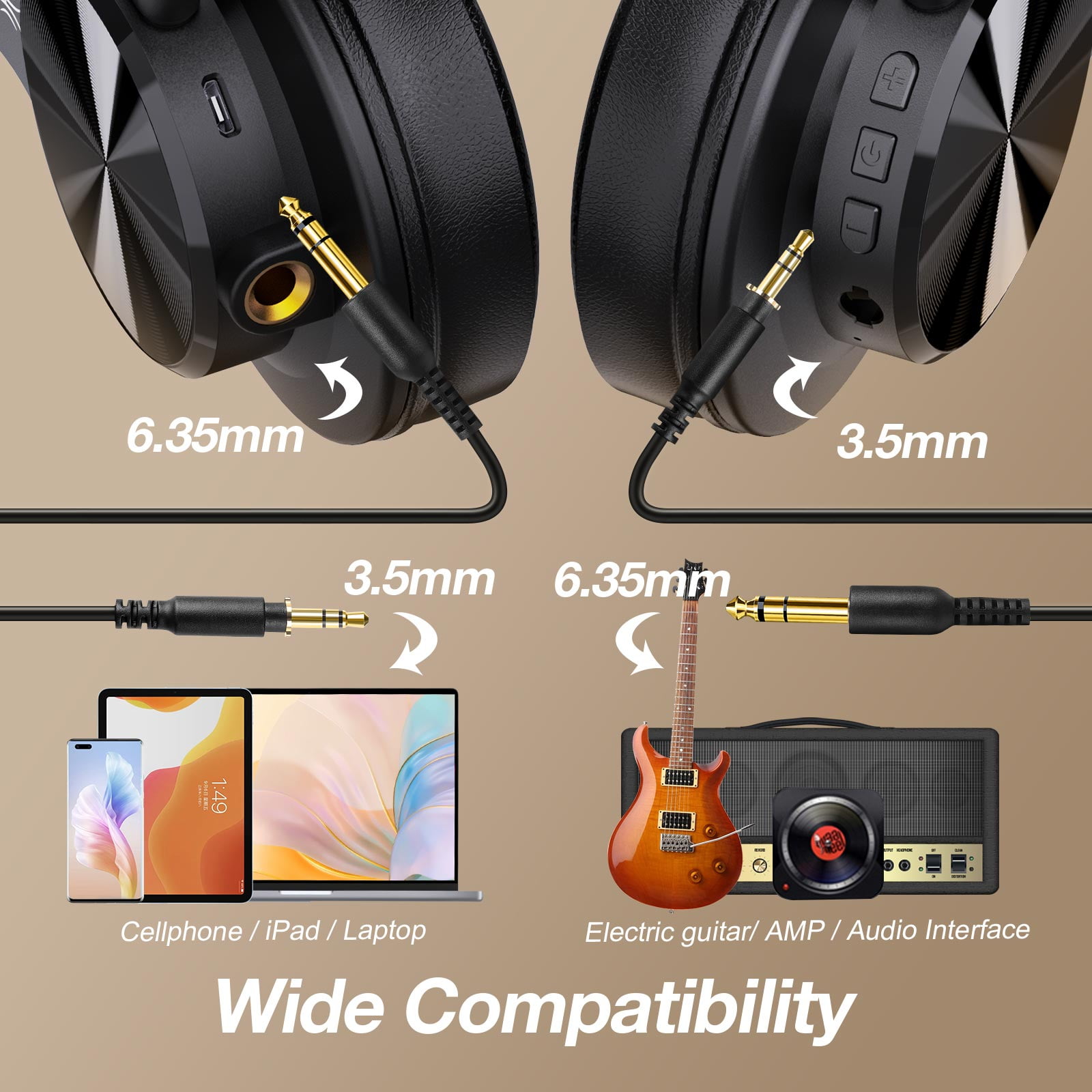 OneOdio Bluetooth Over-Ear Headphones with Mic | Wireless & Corded Dual-Mode Headphones for Drum Piano PC Phones Laptop-72 Hours Playtime-A70 Gold