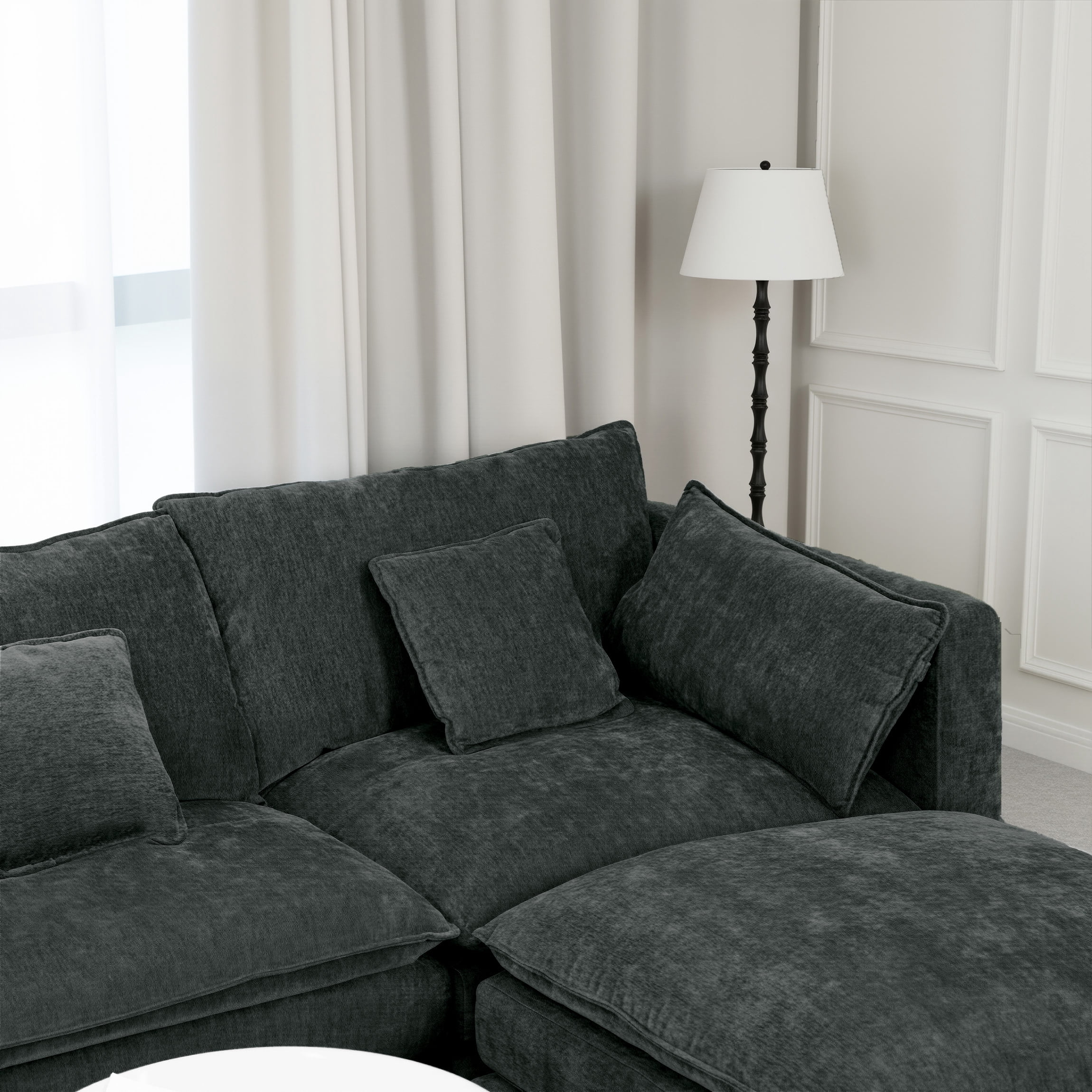 144" Cloud Couch, Black-Gray Modular Sectional Sofa, Chenille 6 Seat U Shaped Couch with Storage Box, Cup Holders and Movable Ottoman