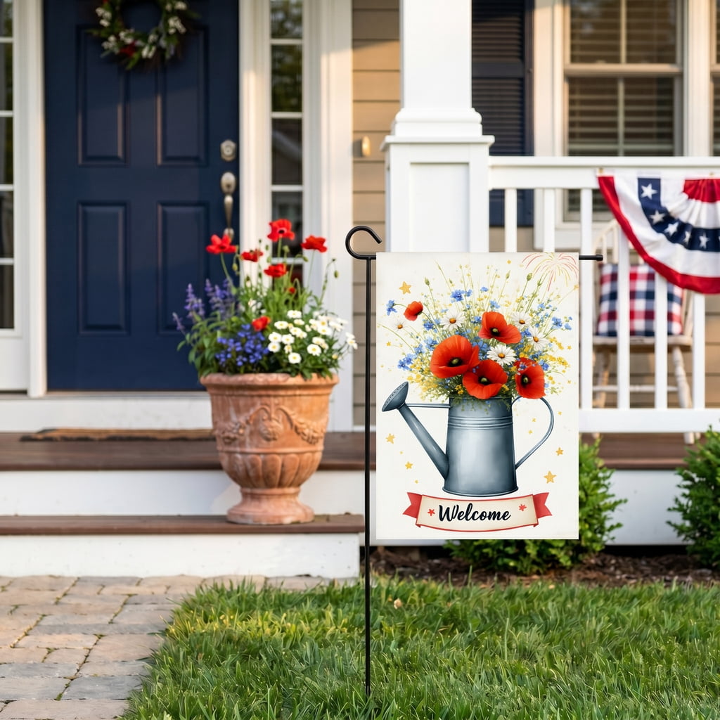 250 anniversary garden flag A watering can filled with red and white flowers. Welcome usa flag decor 28x40 Inch Decorative Size fourth of july decorations outdoor