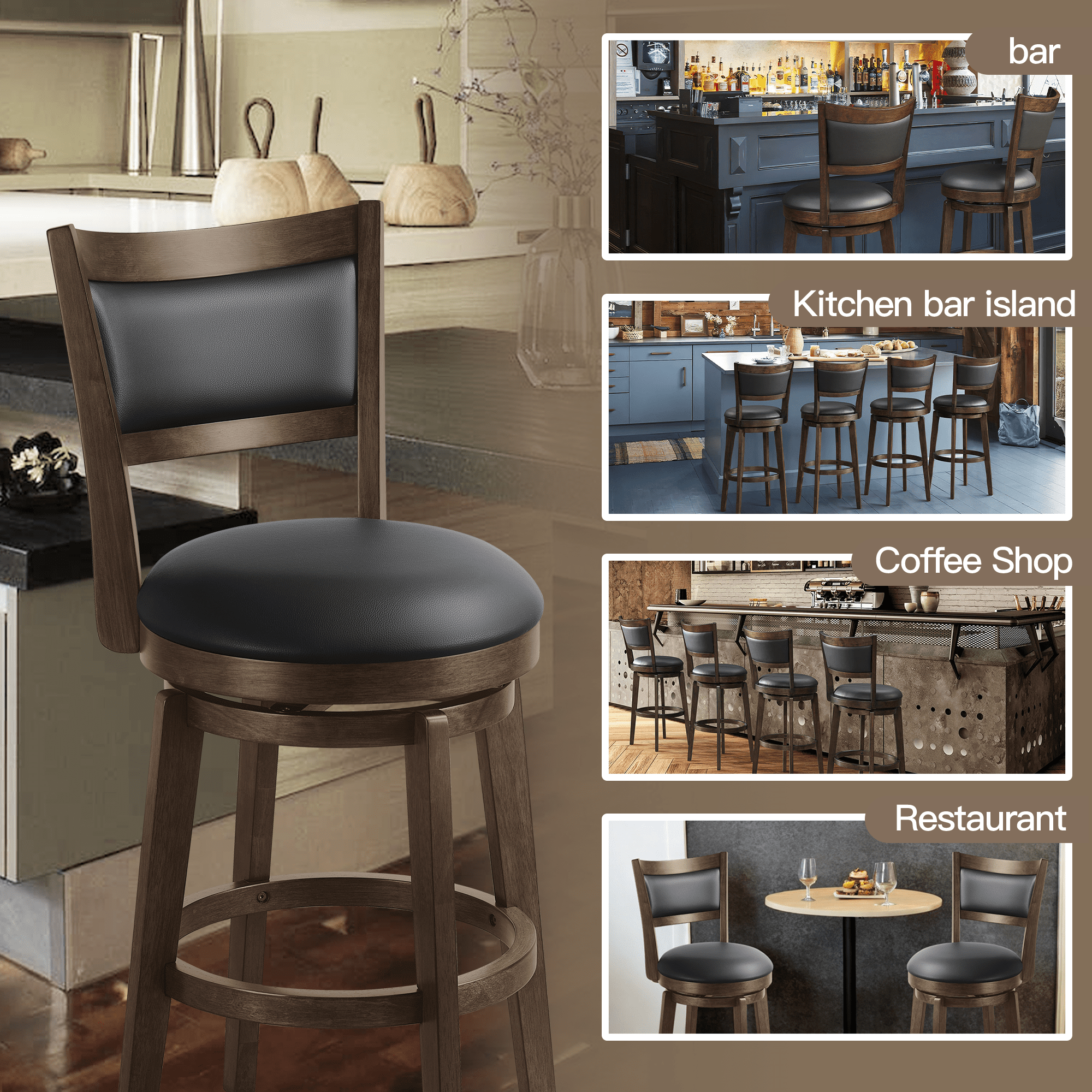 TrumanPick 26 Inch Swivel Bar Stools&nbsp;Set of 2 Upholstered Counter Height Barstools with High Back Chair for Kitchen Island, Black