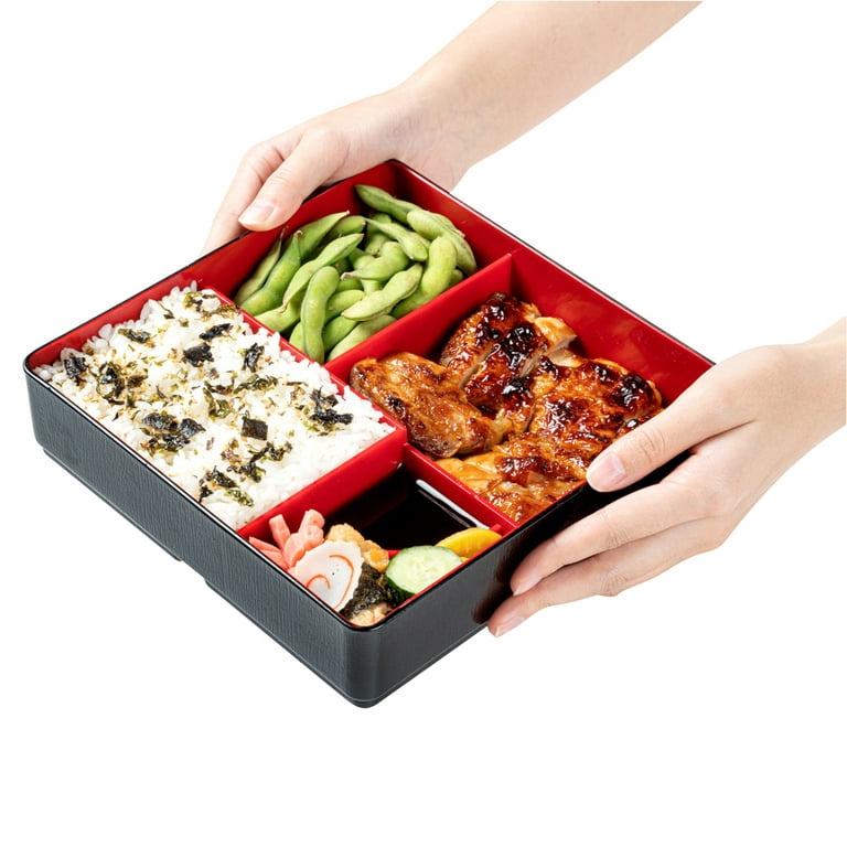 Restaurantware Bento Tek Square Black & Red Japanese Style Bento Box - 4  Compartments, 3 Layers - 8 1/4 x 8 1/4 x 6 - 1 count box