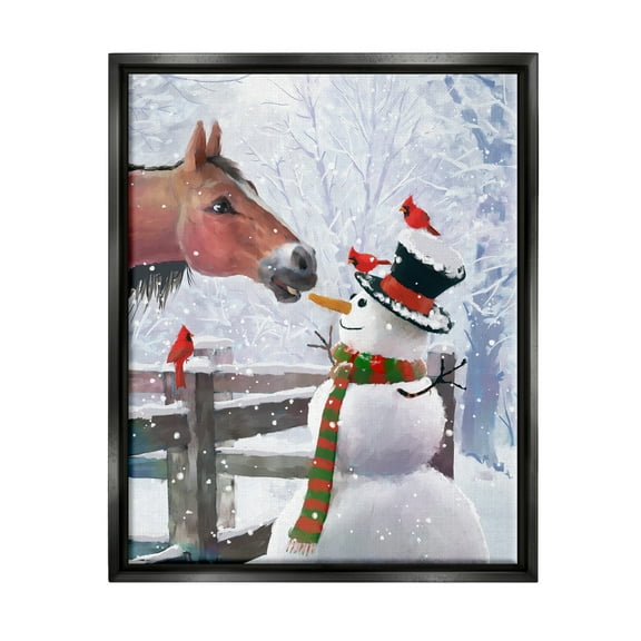 Stupell Industries Horse Eating Snowman Carrot Scene Holiday Painting Black Floater Framed Art Print Wall Art