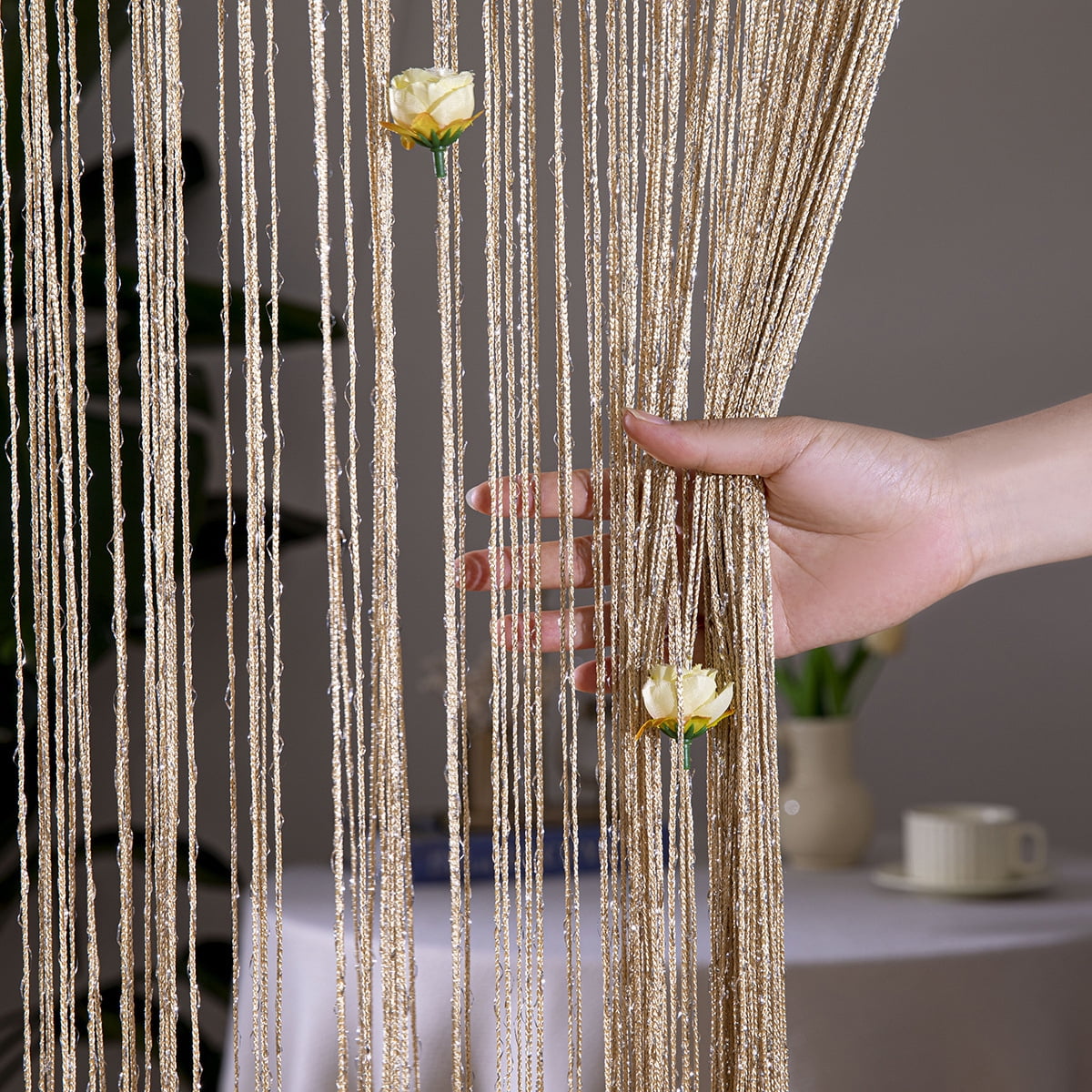 Rod‑Pocket Champagne Glitter String Curtain with Flower Beads Decorative