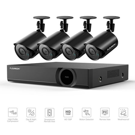 FLOUREON 4CH DVR Security Camera System, 5 IN 1 1080N Video DVR Recorder 4X HD 720P Night Vision Indoor Weatherproof CCTV Cameras Motion Alert, Smartphone, PC Remote (Best Security System In The World)