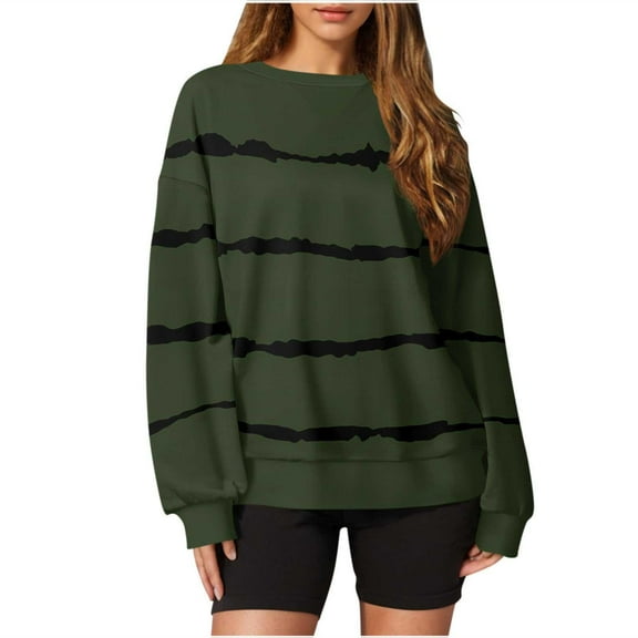miqiqism Women Striped Oversized Sweatshirt Juniors Trendy Color Block Crew Neck Sweatshirts Comfy Long Sleeve Shirt Casual Drop Shoulder Pullover Top Fall Clothes,Army Green,XX-Large