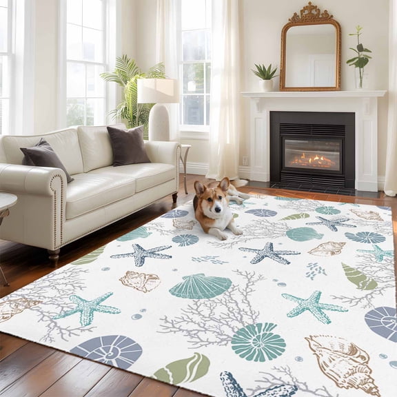 6'x9' Area Rugs, Coastal Starfish Indoor Outdoor Area Rug for Living Room Bedroom, Ocean Coral Shell Beach Marine Life Washable Bathroom Rugs Kitchen Floor Carpet Mats Home Decor Aesthetic
