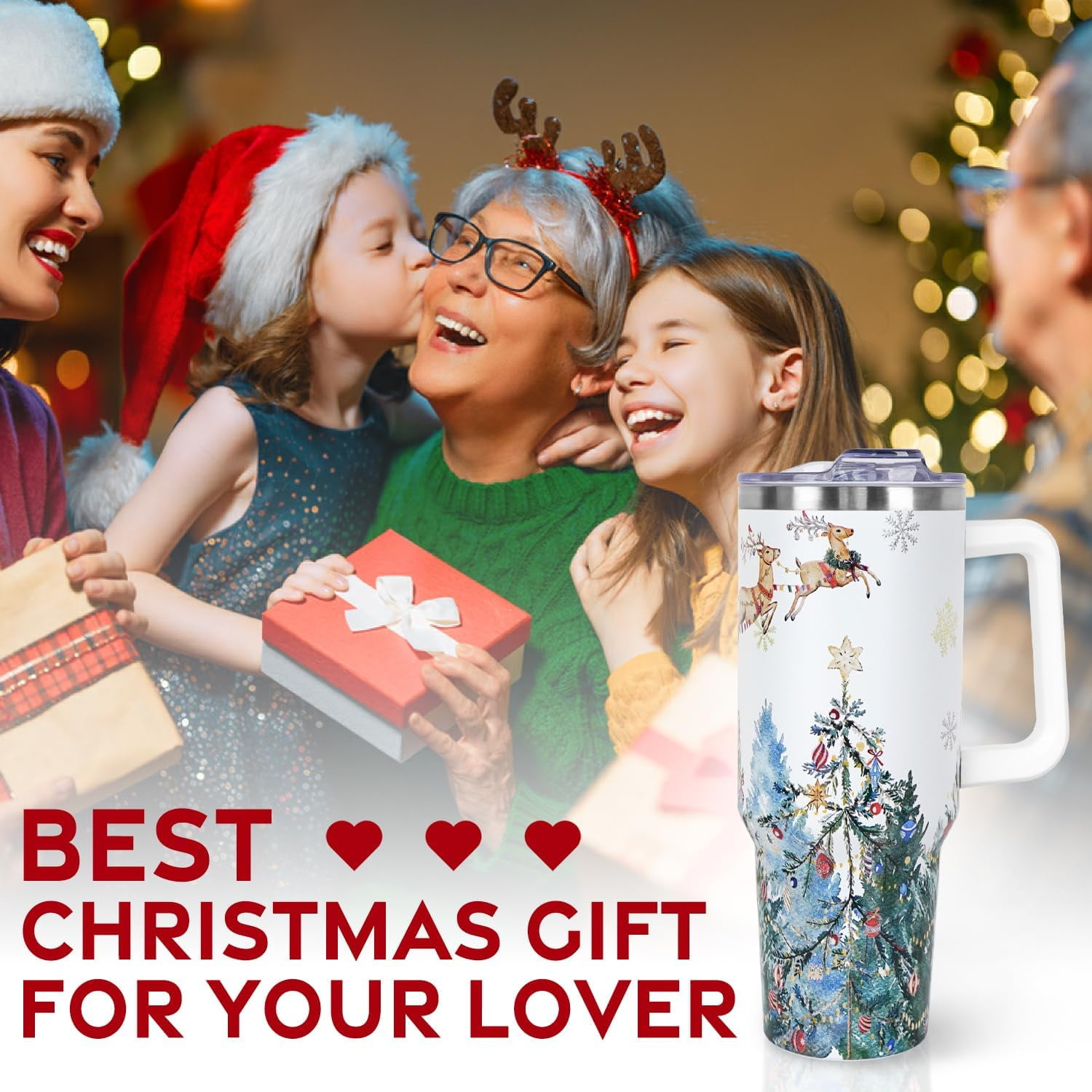 Christmas Gifts 40 oz Tumbler with Handle and Straw Lid,Cute Gifts for Women Santa Claus Sleigh Xmas Tree Vacuum Insulated Leak Proof Tumbler,Winter Holiday Accessories Stainless Steel Coffee Cup Mug