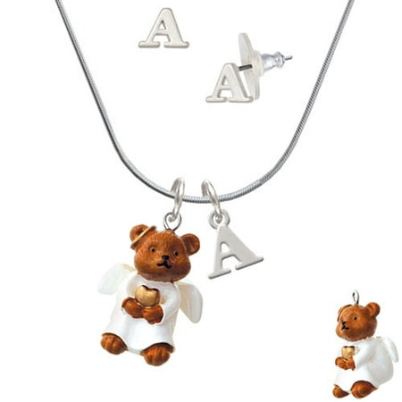 Right Angle Stud - Resin Angel Bear - A Initial Charm Necklace and Stud Earrings Jewelry Set