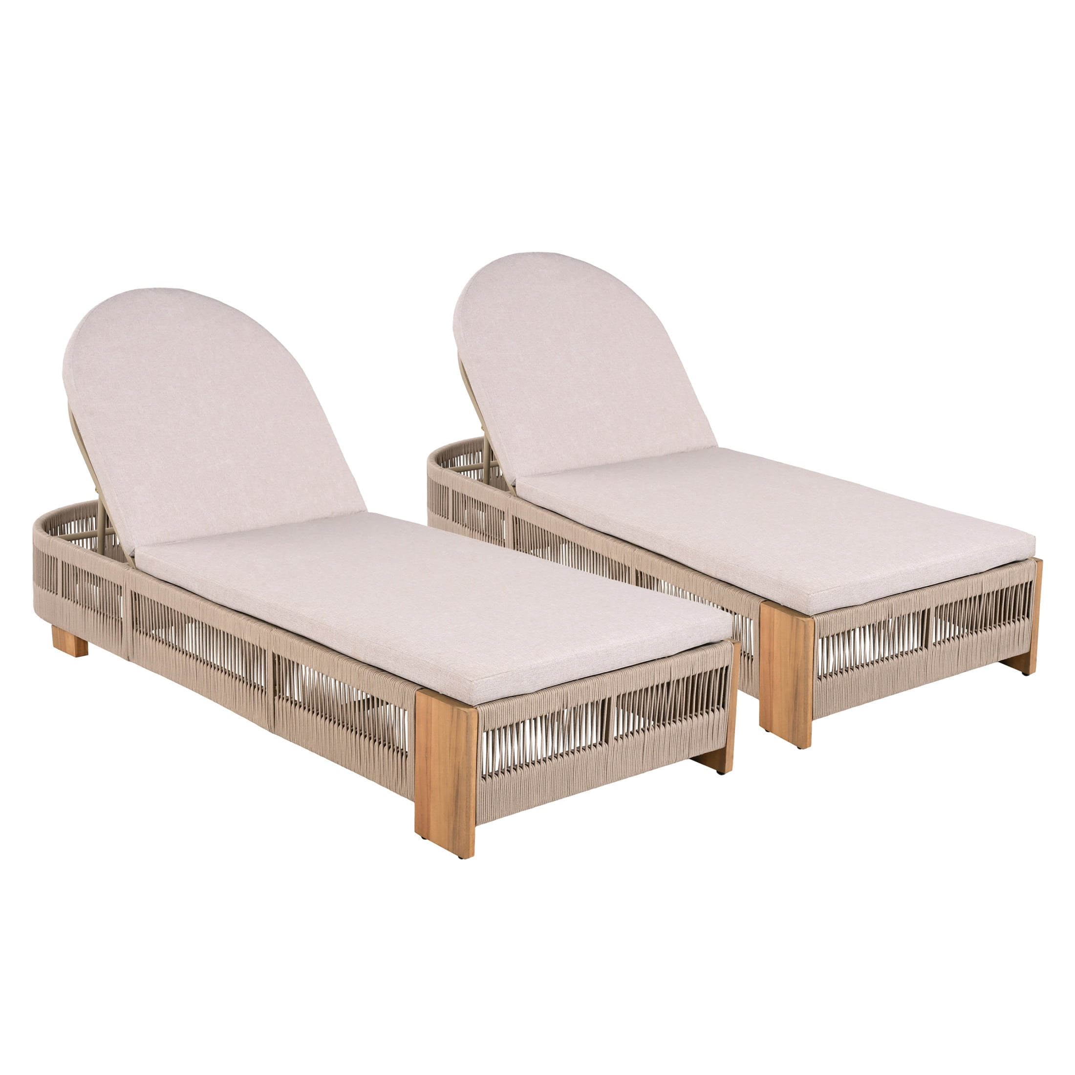 Christopher Knight Home Adjustable Outdoor Wood Chaise Lounge with Cushion, Rope Accent, Beige, Set of 2