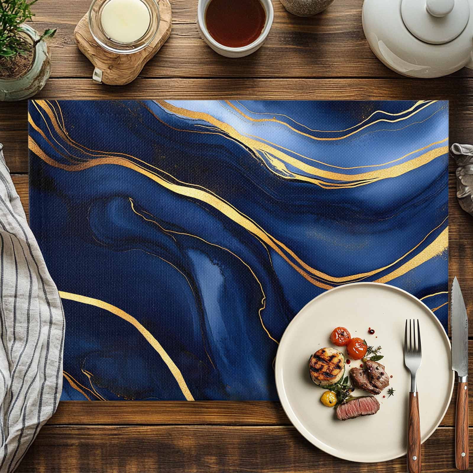 Dark Blue Abstract Marble Texture Placemats Set of 8, Gold Fluid Art Lines Table Mats Washable Heat-Insulation Non-Slip Place Mats for Kitchen Dinner Table Indoor Outdoor Decor,13x19 Inch
