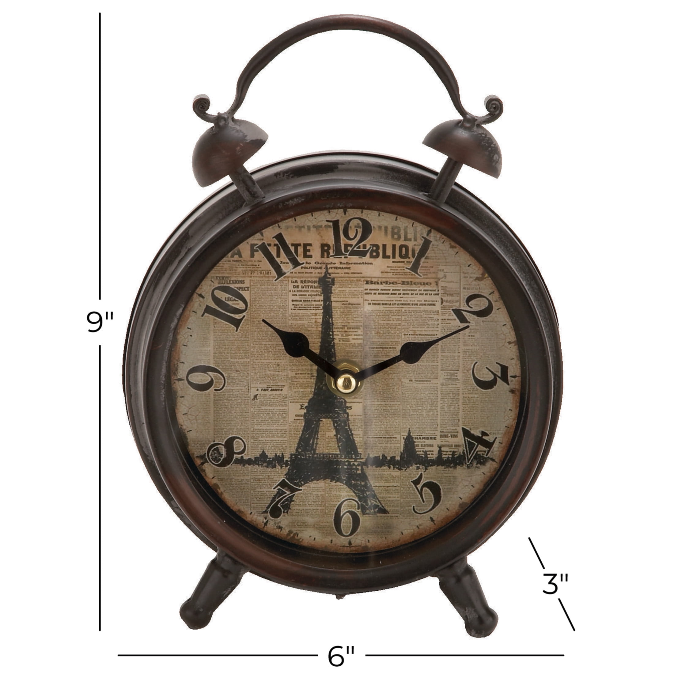 DecMode 9" Black Metal Eiffel Tower Clock with Bell Style Top