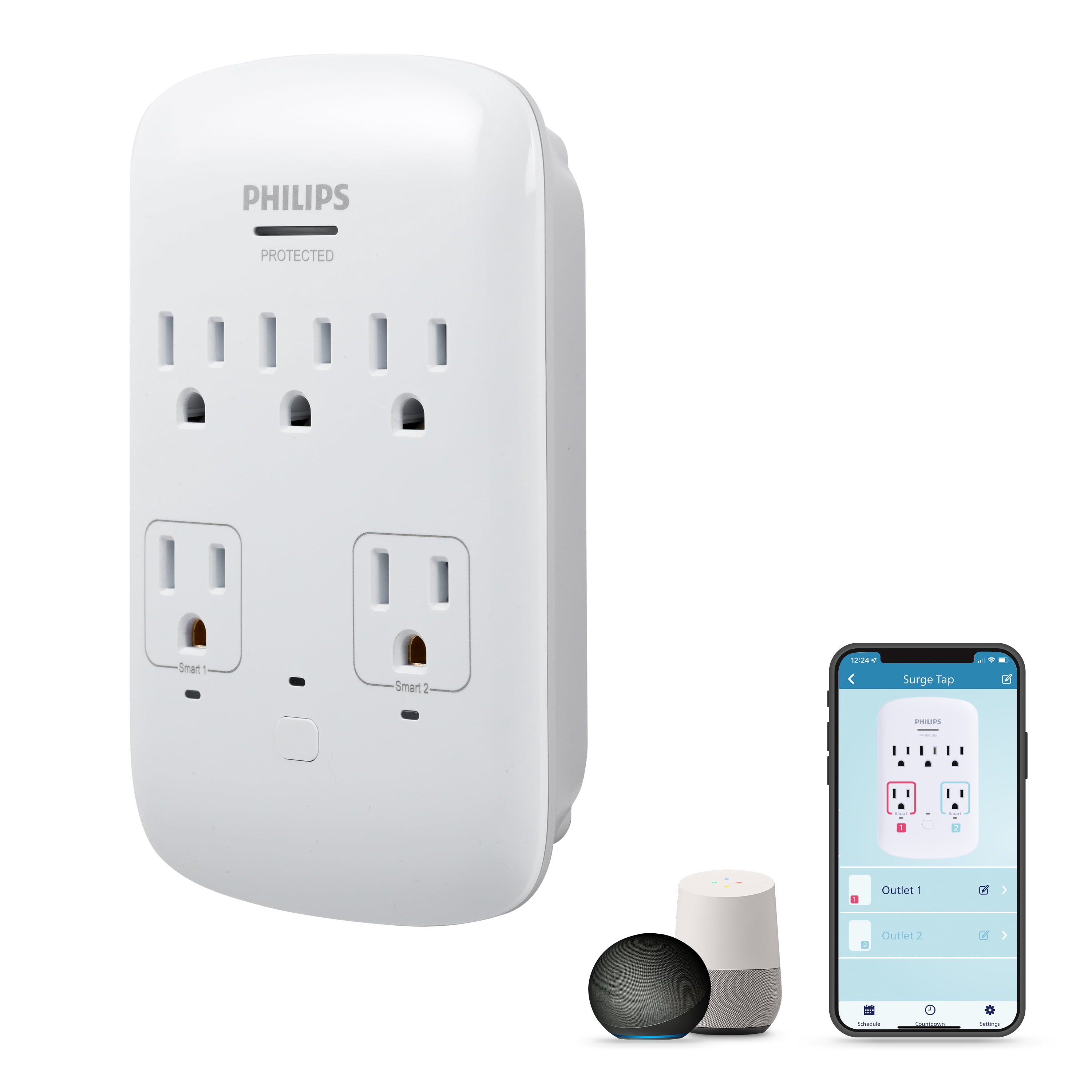 Wall Tap Protected Indicator Light 2.4A Philips 6-Outlet Extender 2-USB Surge Protector Removable Device Charging Shelf White 12W SPS6024WA/37 Charging Station 450J Side Access Adapter 