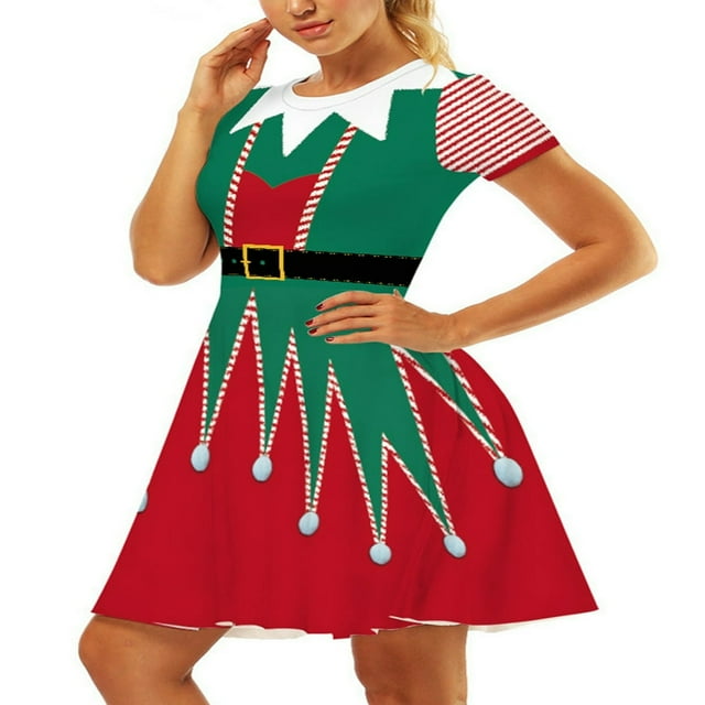 Robe de Noël pour Femmes à Manches Courtes Robe de Dessin Animé pour les Vêtements de Fête de Vacances
