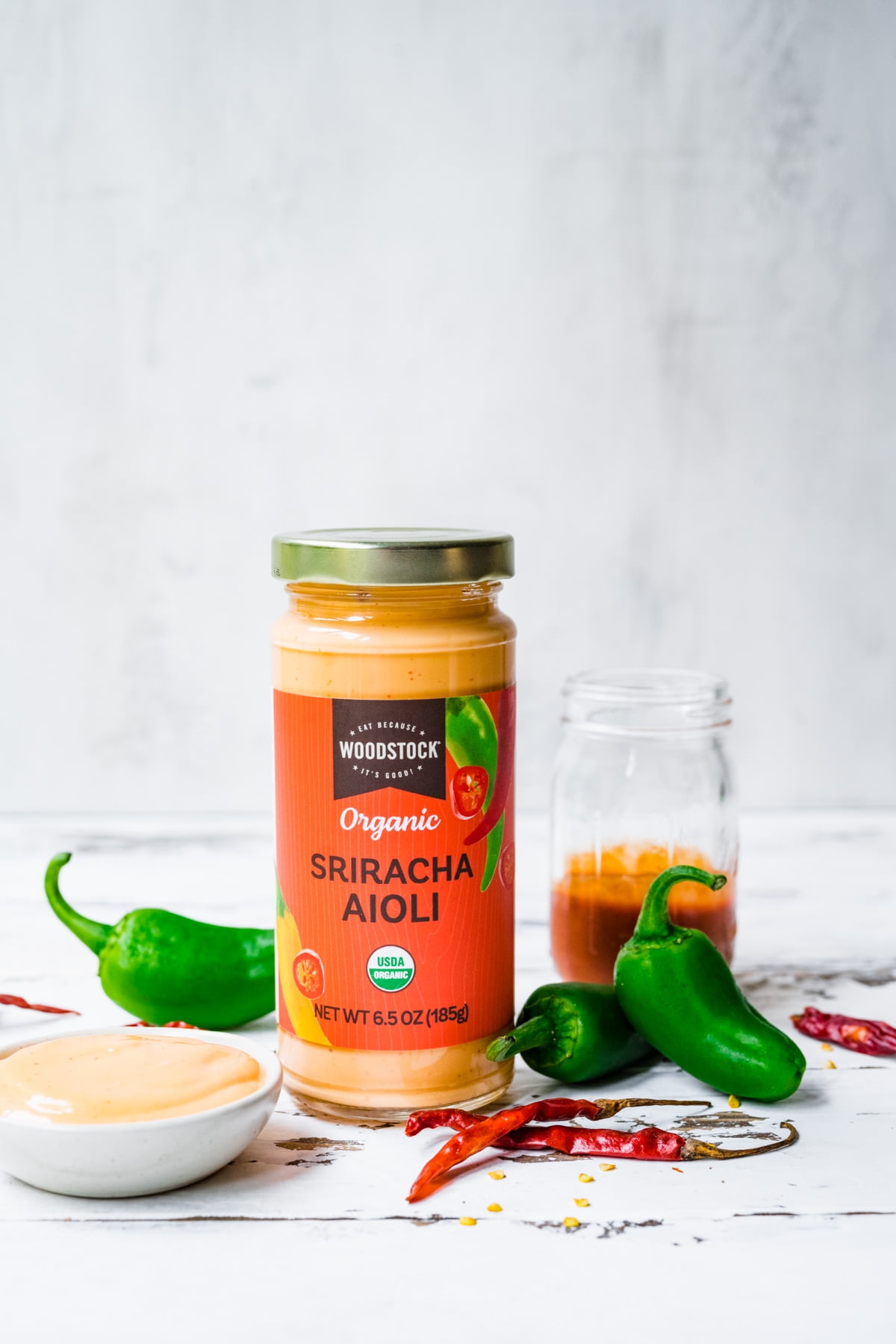 Woodstock Foods Organic Sriracha Aioli, 6.5 oz Jar, Allergens Not Contained.