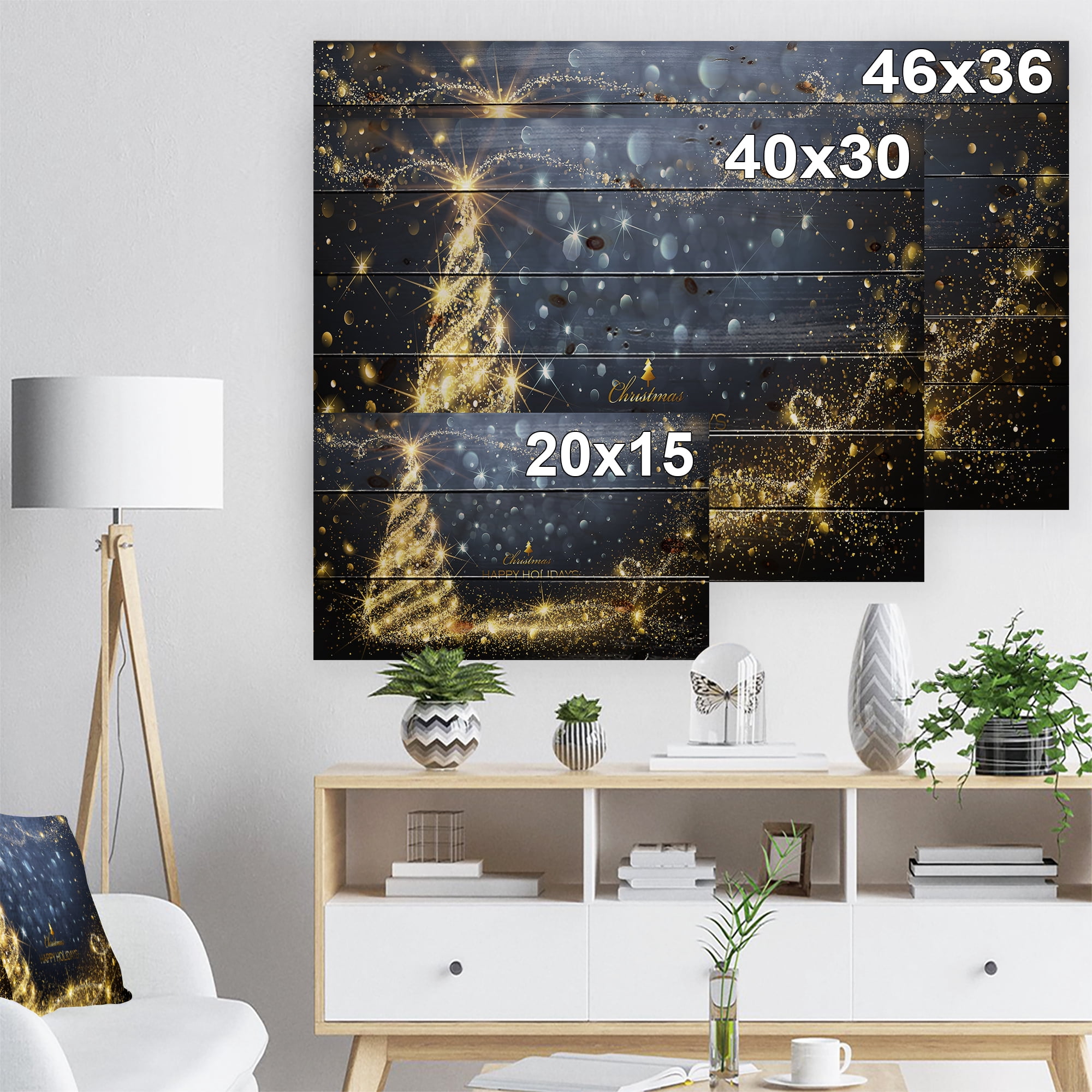 Designart 'Sparkling Shining Light Christmas Tree' Print on Natural Pine Wood