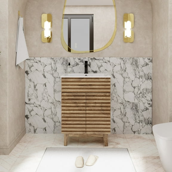 Eclife 24" Freestanding Single Bathroom Vanity with Ceramic Top, Faucet, Wood Tune