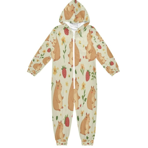 Soft Big Kids Onesie Pajamas Cozy Loose-Fit Jumpsuits for kids with Pockets for Christmas Lounge & Play Capybaras and Strawberries