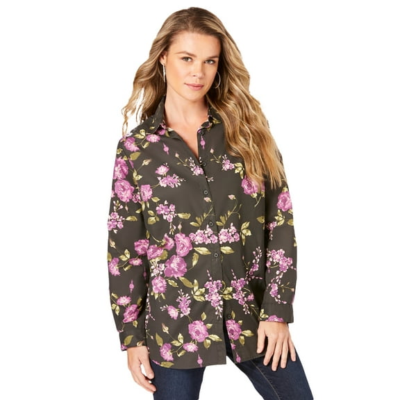 Roaman's Women's Plus Size Kate Long Sleeve Easy Cotton-Blend Button-Front Shirt