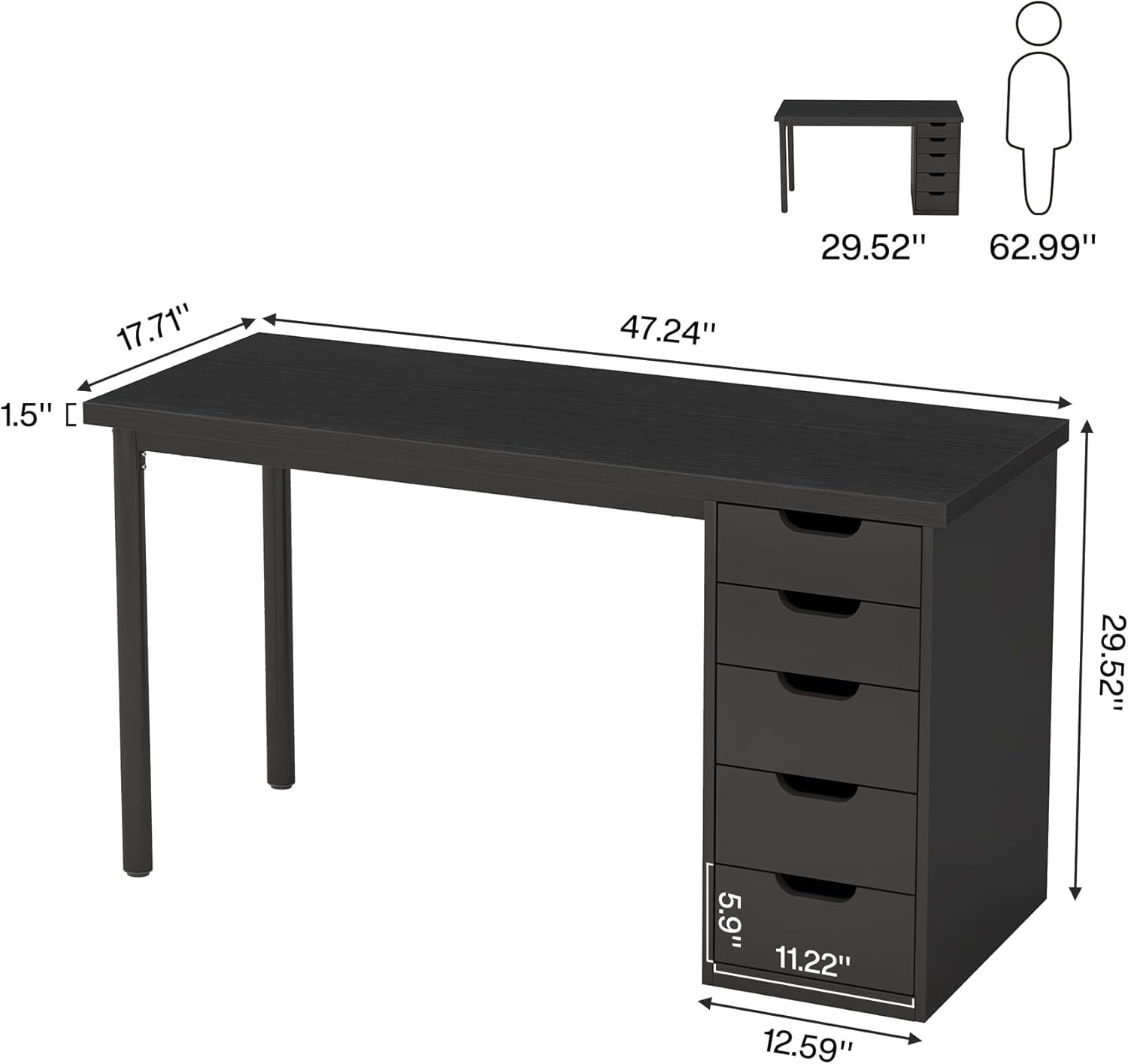 Modern Simple Computer Desk, 47 Inches PC Desk with 5 Reversible Drawers