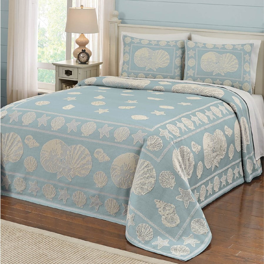 Coastline Blue & White Seashells Full Bedspread & Shams Set (3 Piece Bedding)