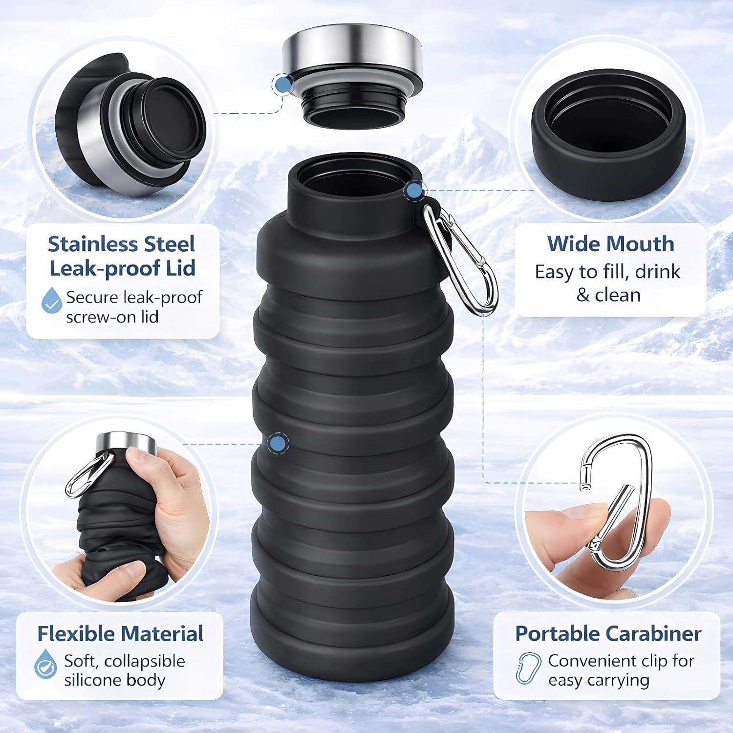 Collapsible Water Bottles,Portable Reusable Silicone Water Bottle,Leak-proof,with buckle,storage,Lightweight Durable for Fitness,Cycling,Sports,Camping,Hiking (Black+Green) Green