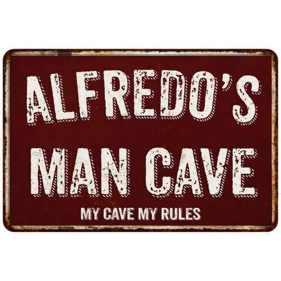ALFREDO'S Man Cave Sign Garage Mancave Decor Accessories Signs Vintage Retro Rustic Tin Wall Art Name Home Beer Dads Gift 8 x 12 Matte Finish Metal 108120003368