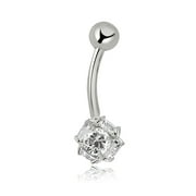 AVORA 10K White Gold Simulated Diamond CZ Spiked Ball Belly Button Ring Body Jewelry (14 Gauge)