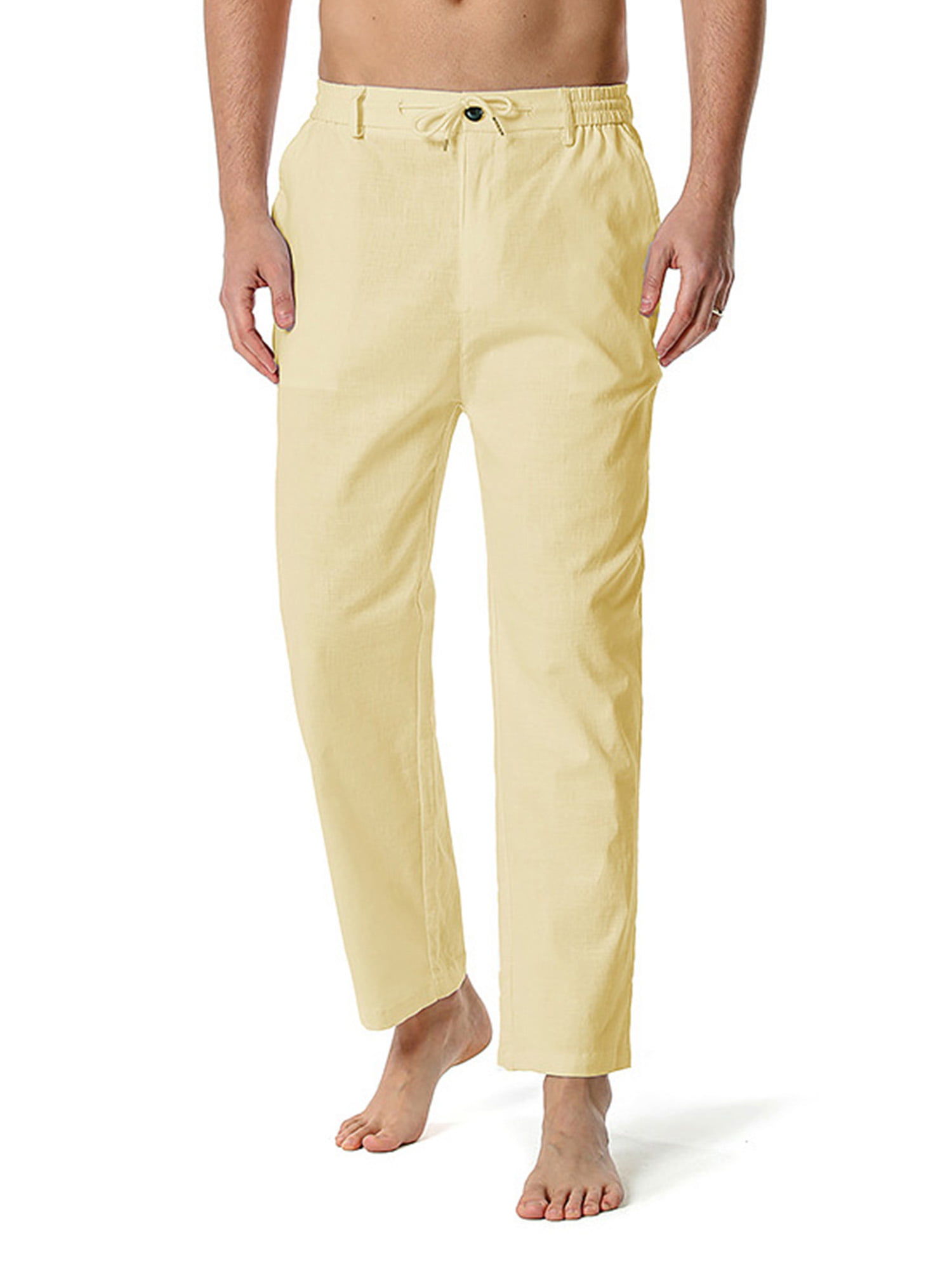 Transer Mens Cotton Linen Beach Short Loose Slim Elastic Waist Drawstring Wrinkle-Resistant Flat-Front Chino Pant