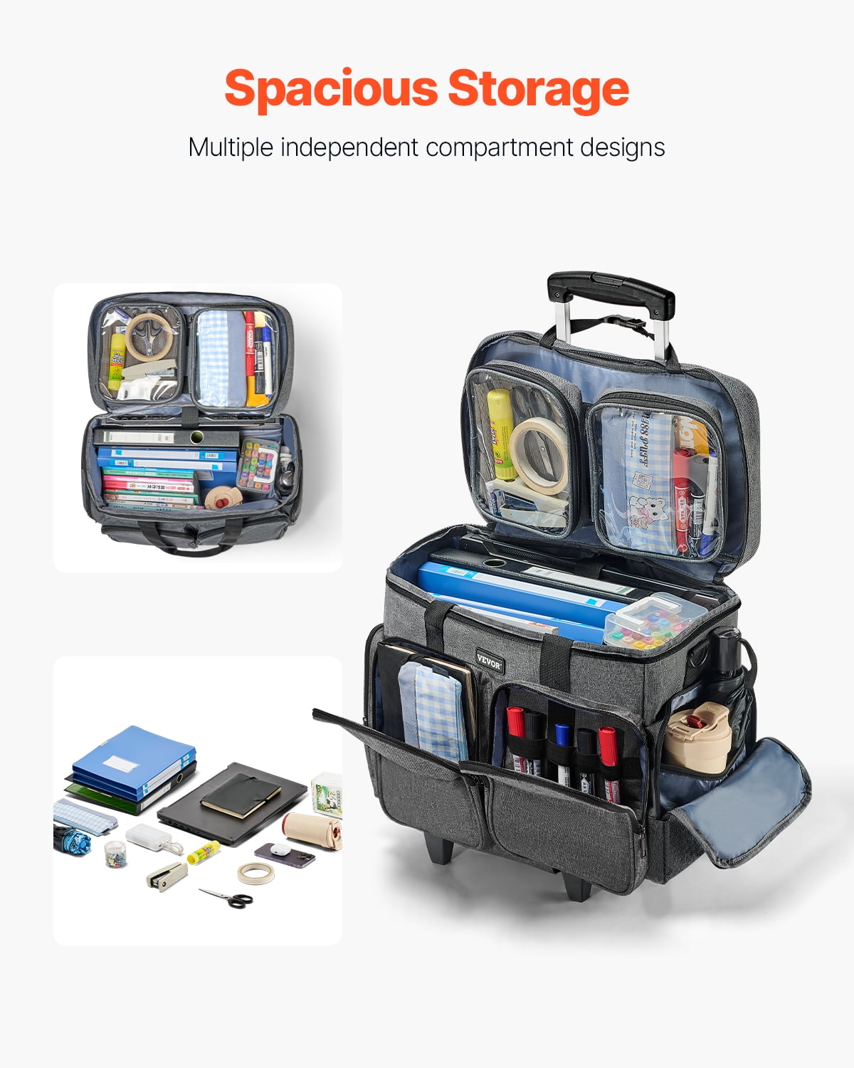 VEVOR Rolling Laptop Bag, Fits Up to 15.6 Inch Laptop, Wheeled Briefcase, Teacher Roller Computer Tote Bag with Detachable Trolley & Telescopic Handle, Laptop Case for Work Travel, Women & Men (Gray)