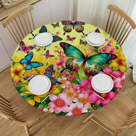 

Sheronv Butterflies Flowers Round Table Cover Stain Resistant Washable Indoor Outdoor Tablecloth Kitchen Dining Wedding Parties 100% Polyester Fiber 38-42