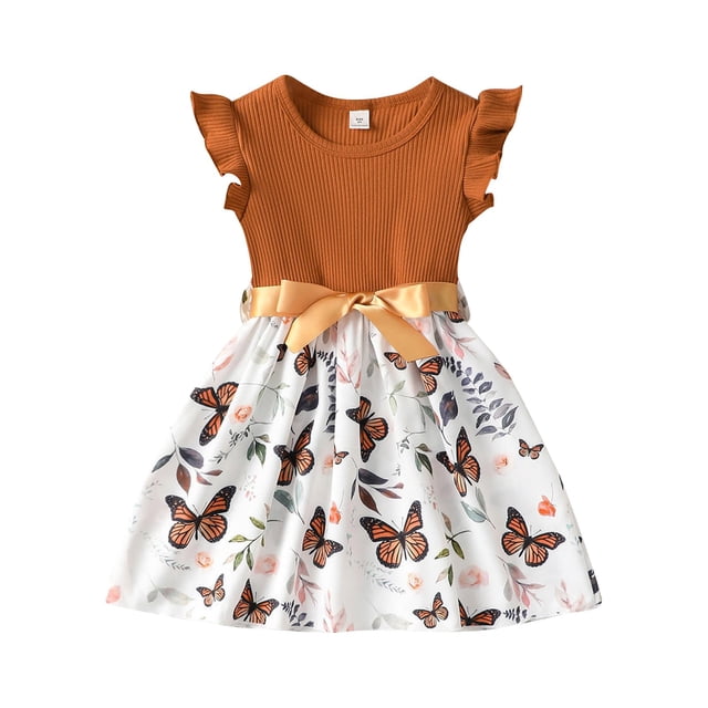 dmqupv Robe Décontractée pour Fille Robes pour Tout-Petites Manches Volantées Robe à Imprimé Papillon Robes d'Été de Plage Brun, Taille pour 5-6 Ans