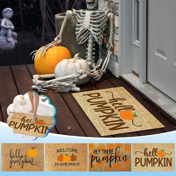 Floleo Halloween Fall Coir Doormat Welcome Pumpkins Door Mat Non-Slip Farmhouse Floor Mats Autumn Decorative Entrance Door Rugs For Halloween Thanksgiving Indoor Outdoor Bathroom Porch Decor