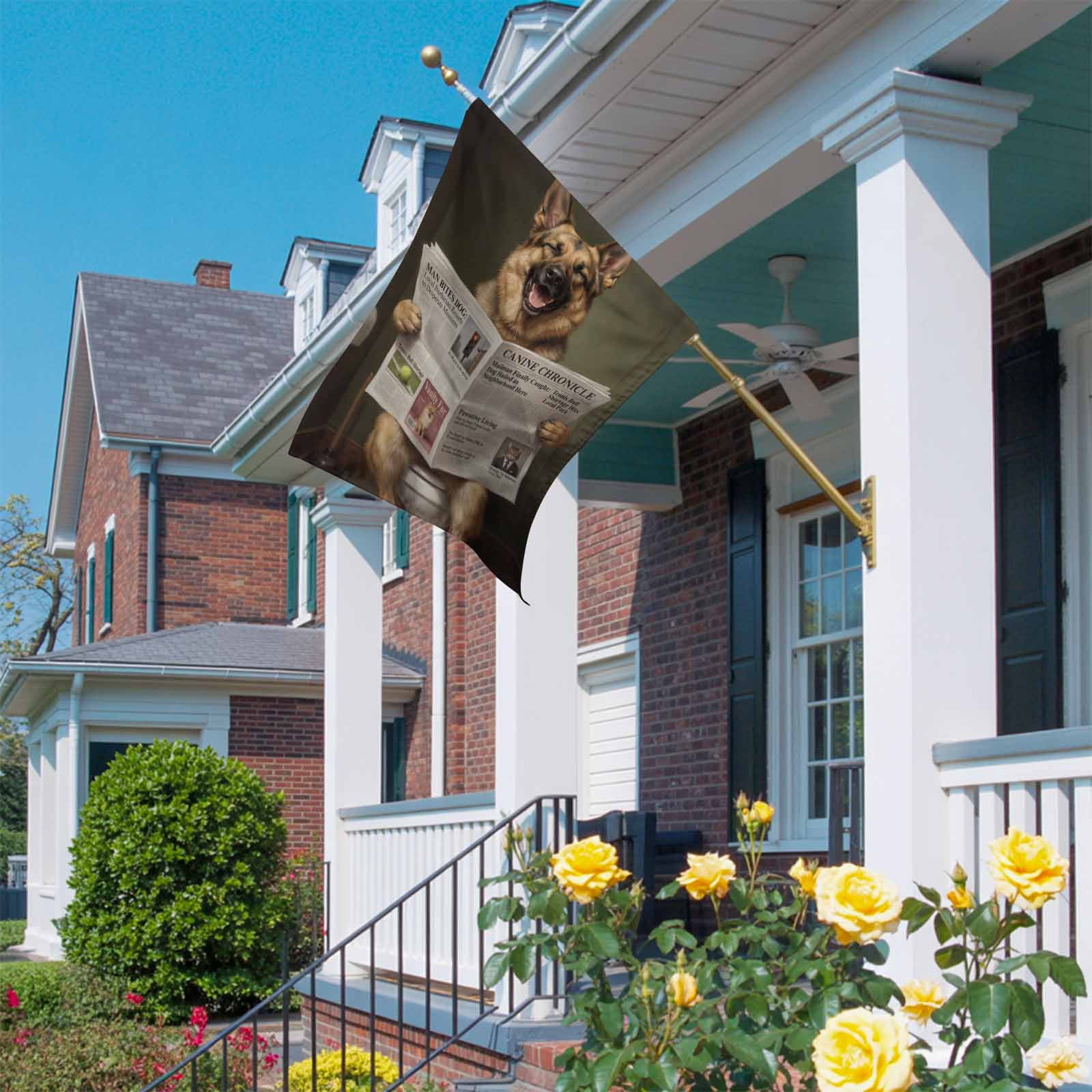 Funny Dog Puppy House Flag 28 x 40 Inches, Cute German Shepherd Cartoon Newspaper Toilet Weather Proof Outdoor Patio Flags Double Sided Small House Decoration for Yard Lawn Outside Home